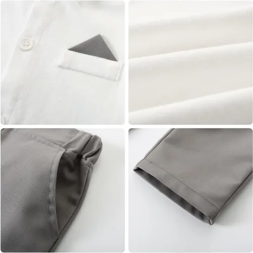 Vista 6 de SALNIER Conjunto de ropa de traje de bebé niño esmoquin trajes de caballero trajes de corbatín camisa tirantes pantalones boina sombrero