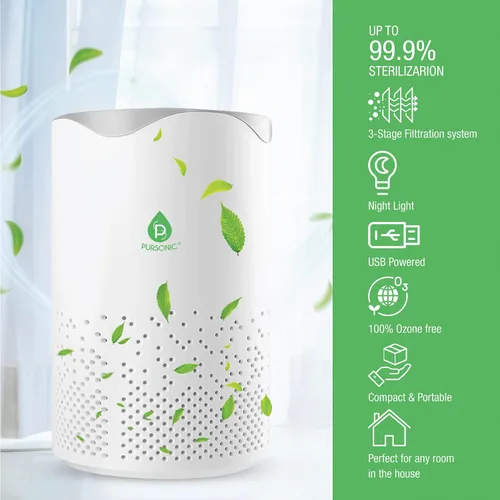 Vista 4 de Pursonic Purificador de aire alimentado por USB con luz nocturna para el hogar, oficina, automóvil, cobertura de 100 pies cuadrados, aire limpio