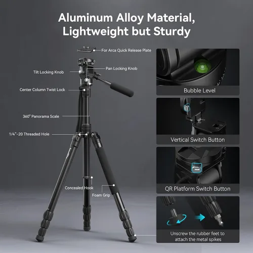 Vista 4 de SmallRig CT195 Kit de trípode de video, trípode de cámara de 73 pulgadas con cabezal fluido de inclinación panorámica para disparo