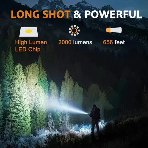 Vista 2 de KZK Linterna LED, linterna táctica brillante de 2500 lúmenes, 5 modos de haz zoomable, impermeable y duradera para campamento, al aire libre