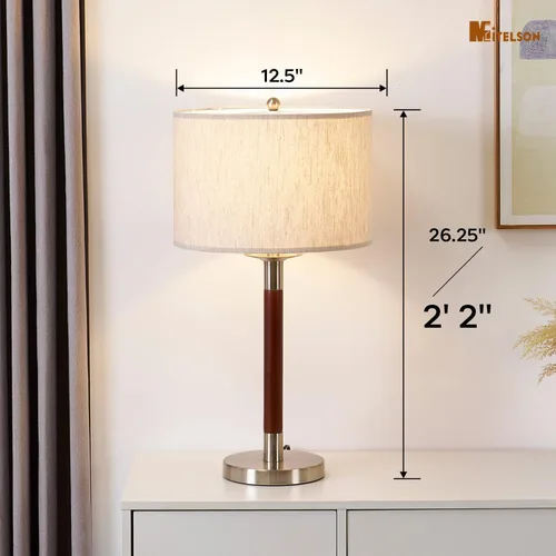 Vista 7 de Lámpara moderna de mediados de siglo con interruptor regulable y bombilla, lámpara de noche LED para dormitorio, lámpara de mesa de madera