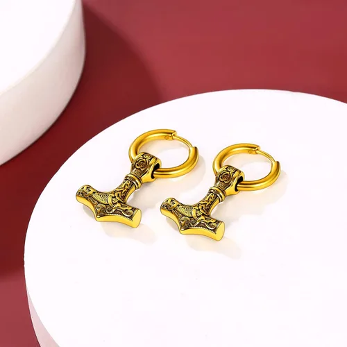 Vista 8 de FaithHeart Aretes de aro vikingo para hombre, ligeros, de acero inoxidable, aretes colgantes retro de mitología nórdica, regalo para papá y hermanos