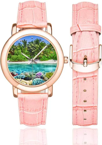 Vista 2 de InterestPrint Tropical Beach Chair Starfish - Reloj de pulsera con correa de cuero rosa para mujer