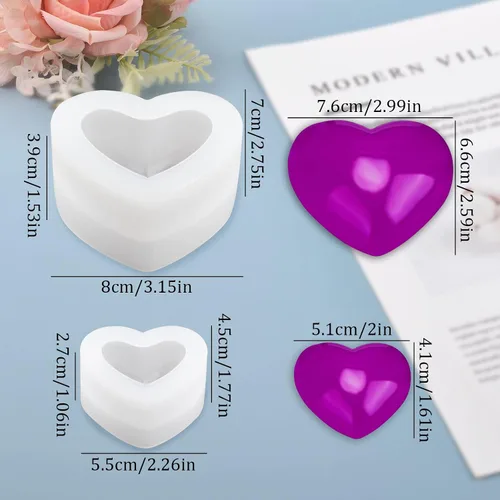 Vista 2 de WANDIC Moldes de silicona – 2 moldes de jabón 3D en forma de corazón para manualidades de jabón hechas a mano y resina