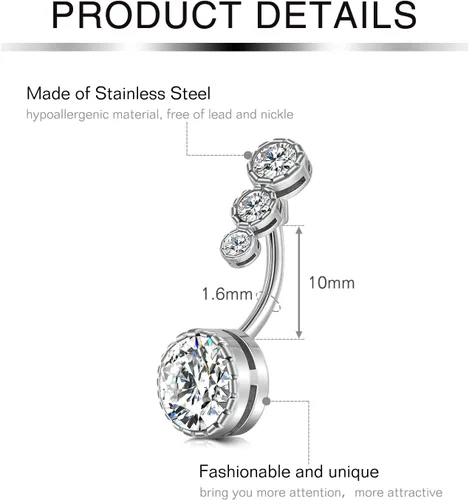 Vista 3 de Mayhoop Piercing para ombligo de acero inoxidable quirúrgico de 14 G, con circonita cúbica, 38 pulgadas, 0.394 in, joyería para el cuerpo