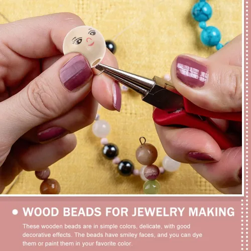 Vista 6 de MAGICLULU Kit de fabricación de pulseras, cuentas de arcilla, 50 cuentas de madera con cara sonriente, bolas de madera naturales para joyería