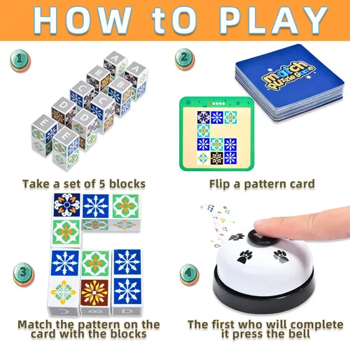 Vista 4 de varbertos Juego de rompecabezas de madera a juego, rompecabezas de bloques de patrón de bloques de construcción con campana para niños y adultos