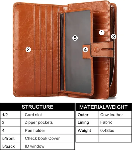 Vista 3 de BOSTANTEN Carteras de cuero para mujer con bloqueo RFID de gran capacidad tarjetero triple para mujer