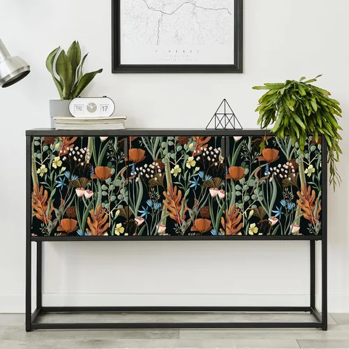 Vista 7 de VEELIKE Papel tapiz floral negro para despegar y pegar, papel de contacto floral seco silvestre para armarios, cajones, paredes, 17.7 x 354