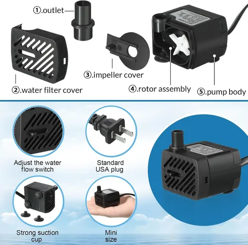 Vista 3 de Lounsweer Juego de 12 mini bomba de fuente de 50 GPH 3W pequeña bomba de agua sumergible con tubo de 3.3 pies aspirador eléctrico silencioso