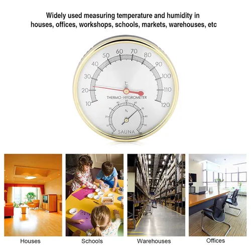 Vista 4 de Termómetro de sala de sauna, termómetro interior con esfera metálica, higrómetro, higrómetro, termómetro de sauna, temperatura ambiente, medición