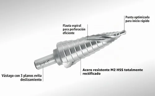 Vista 4 de Broca escalonada industrial HSS de 3/16 a 1 pulgada con vástago de 3/8 pulgadas, flauta espiral doble Unibit con tamaño de 14 escalones para metal