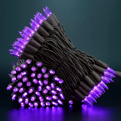 Vista 6 de YULETIME Juego de 200 luces LED de Navidad moradas, 66 pies, cable marrón, certificado UL, grado comercial, juego de luces navideñas Púrpura