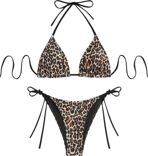 Vista 29 de ZAFUL Bikinis triangulares estampados para mujer, 2 piezas, bikini halter, traje de baño de corte alto, traje de baño con lazo lateral 0-negro a