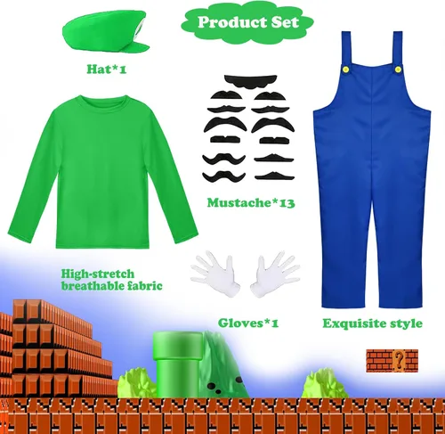 Vista 3 de Vermeyen Disfraz de Super Brothers para niños y adultos, traje de fontanero con sombrero, bigote, guantes, accesorio para disfraz de Halloween