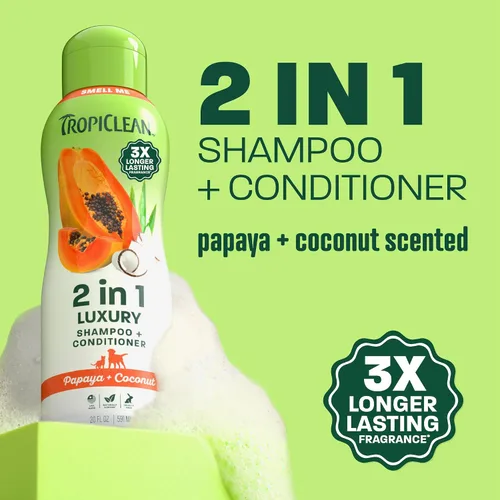 Vista 2 de TropiClean Champú y acondicionador 2 en 1 para perros, aroma a papaya de larga duración, desenredante hidratante para perros, seguro para cachorros