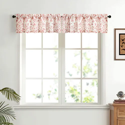 Vista 10 de VOGOL Cenefas de cortina de estilo rústico para ventanas, cenefa decorativa con estampado de hojas de pájaro azul, para cocina, baño, loft