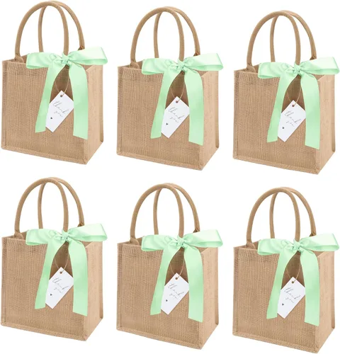 Vista 14 de Paquete de 6 bolsas de arpillera con asas reutilizables, mini bolsas de regalo de yute con cintas de seda azules, forro impermeable para bodas