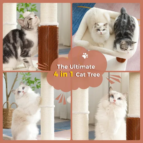 Vista 4 de Torre de árbol para gatos grandes, poste rascador para gatos con auto peluquero para gatos, cama superior de 20 x 15.7 pulgadas de ancho, poste Beige