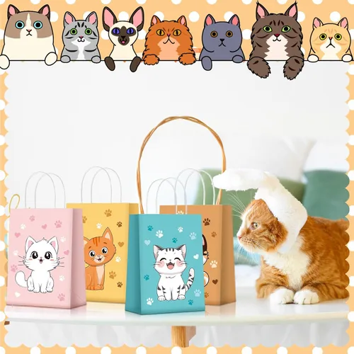Vista 5 de Zhanmai 24 piezas de bolsas de regalo para gatos, bolsas de fiesta para gatos, lindos regalos de gatito, bolsas de papel para dulces con asas