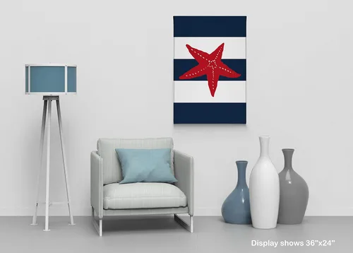 Vista 3 de Ilustración roja de estrellas de mar, fondo a rayas azul marino y blanco, decoración náutica, lienzo impreso en lienzo costero, decoración