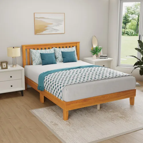 Vista 9 de Marco de cama individual de madera, marco de cama de madera con 14 listones de madera fuertes, marco de cama de madera con cabecera completa, cama