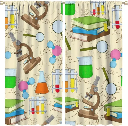 Vista 74 de Cortinas opacas para ventanas de ciencia para niños, lupa de libro de laboratorio de ciencia, lupa, frascos moleculares, cortinas impresas