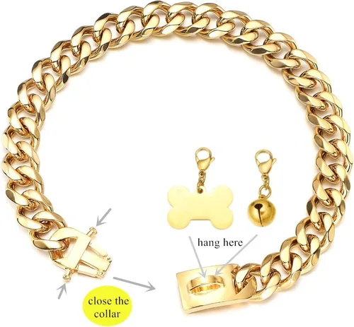 Vista 3 de Collar de oro para perro de 18 quilates, cadena de eslabones cubanos de 0.591 in/0.748 in de ancho, a prueba de mordidas, fuerte entrenamiento