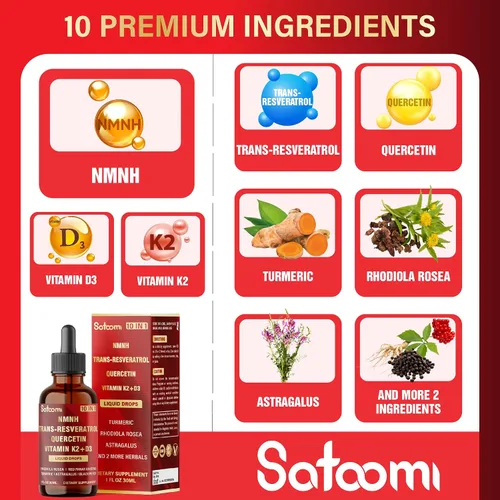Vista 3 de Satoomi Gotas líquidas NMNH 10 en 1, vitalidad general, NMNH, quercetina, trans-resveratrol, vitamina D3, K2 y 5 más - 1 onza líquida - 60 porciones