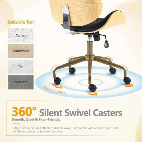 Vista 4 de VINGLI Silla giratoria de oficina en casa amplia y cómoda con carcasa curvada de grano de madera, silla de escritorio ergonómica acolchada sin