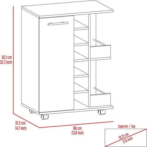 Vista 9 de Tuhome Furniture Carrito de bar con ruedas para vino y licor con puerta, 2 estantes cerrados, 6 cubos y 2 estantes laterales de exhibición