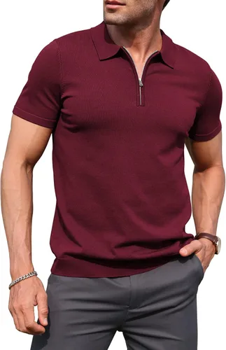 Vista 15 de RQP Camisas polo con cremallera para hombre, camisas casuales de punto de manga corta/larga, camisas de golf elásticas ajustadas, suéter suave