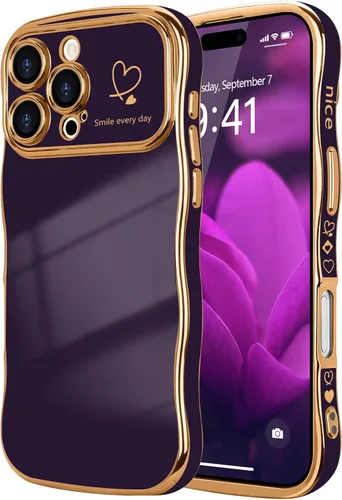 Vista 33 de LCHULLE - Funda para iPhone Air, linda para mujeres y niñas, con forma de onda, color azul bebé Luxury Plating Curly Wavy Frame with Love Heart