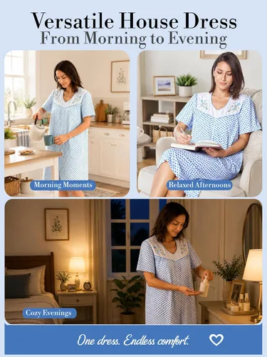 Vista 5 de Casual Nights Vestido de casa con cremallera frontal para mujer, manga corta, tejido, bata de casa con bolsillos Azul (Blue Dogs)