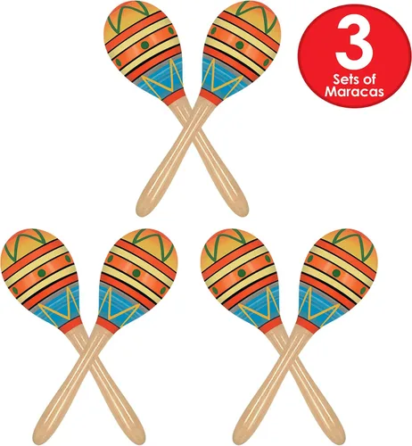 Vista 4 de Beistle 6 Maracas de madera para fiesta temática mexicana del Cinco de Mayo, 8 pulgadas, multicolor