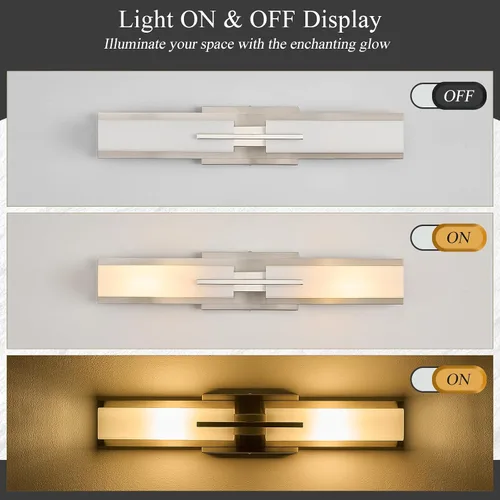 Vista 3 de VitaLink Lámpara de tocador de baño de 24 pulgadas, níquel satinado, 2 luces de vidrio esmerilado para baño, accesorios de iluminación cableados