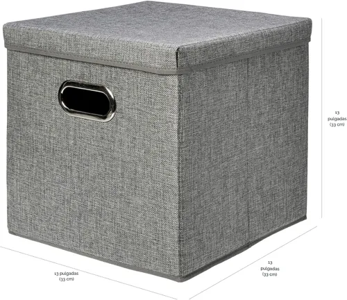 Vista 5 de Amazon Basics Cubo de almacenamiento plegable de tela de arpillera con tapa, apilable y resistente, gris, juego de 2