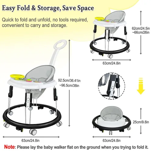 Vista 6 de Andador plegable para bebés con ruedas, caminantes portátiles 5 en 1 para Altura ajustable, bandeja de música, 2 asientos lavables, reposapiés