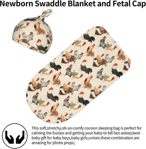 Vista 2 de Galloster Chickens - Manta para bebé niña y niño, regalo para recién nacido, con juego de gorro, manta elástica de recepción para recién nacidos