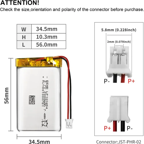 Vista 3 de EEMB 3.7V 103454 2000mAh Lipo Batería recargable JST2.0 Conector 1 paquete