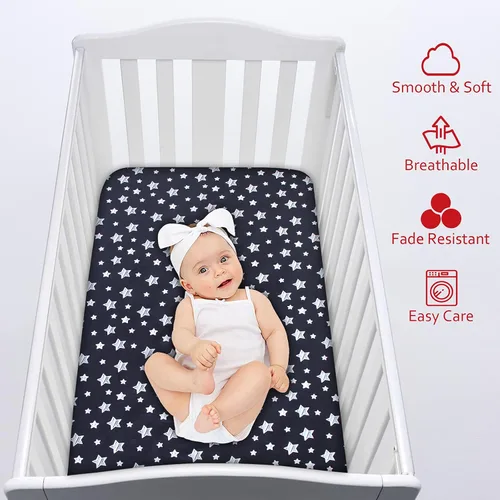 Vista 6 de Black Star - Sábana de cuna para bebé, microfibra suave y sedosa, sábana bajera ajustable de 52 x 28 pulgadas para colchón de cuna