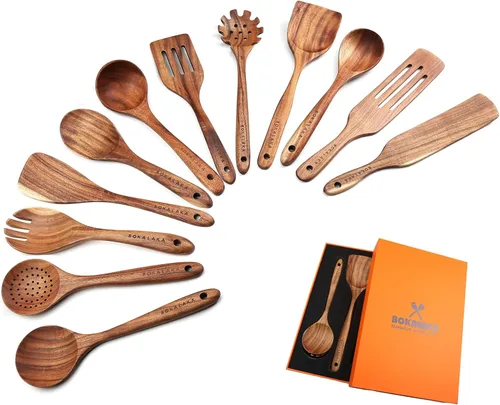 Vista 13 de Juego de utensilios de cocina de madera de teca, 7 piezas, utensilios de cocina de madera, incluye espátula