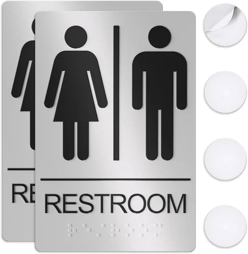 Vista 11 de Letreros unisex de baño, letrero de baño para negocios, para hombres y mujeres, 9 x 6 pulgadas, compatible con la ADA con Braille, adhesivos fuertes