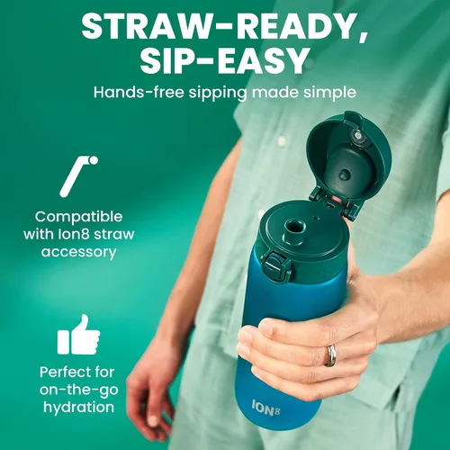 Vista 5 de Ion8 Botella de agua a prueba de fugas, 25.4 fl oz/24 onzas, color azul aguamarina, polímero reciclador resistente al olor sin BPA con tapa abatible