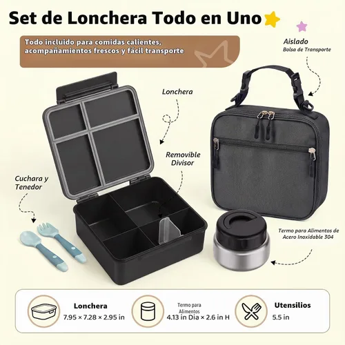 Vista 2 de Lonchera Bento para niños con contenedor térmico de alimentos (9 onzas), lonchera de 4 compartimentos, divisor ajustable, lonchera Bento a prueba