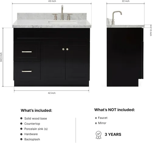 Vista 2 de DKB Bradford - Mueble de baño individual negro de 42 pulgadas con fregadero rectangular, encimera de mármol italiano de carrara con borde de 1.5