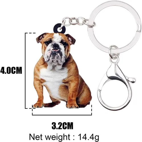 Vista 4 de BONSNY Llaveros de bulldog británico marrón acrílico, llavero para coche, bolsas, amantes de las mascotas, regalos de animales de perro