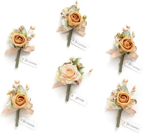 Vista 27 de Ling's Moment Boutonniere para Hombres Boda, Juego de 6, Novio y Padrinos Boutonniere para Boda Regreso a Casa Halloween Ceremonia Aniversario, Cena