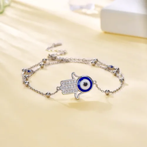 Vista 4 de Tobillera de plata de ley 925 ajustable de doble capa de ojo de diablo azul, protección espiritual, pulsera de tobillo de mano de Fátima