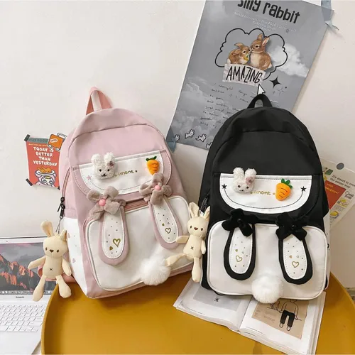 Vista 6 de Mochila kawaii con orejas de conejo con felpa de conejo linda mochila japonesa para la escuela adolescentes y niñas suministros escolares kawaii